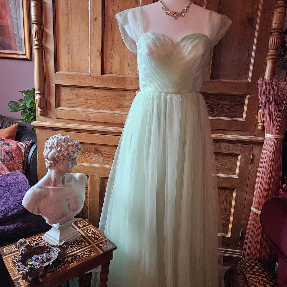 Romantic Soft Green Prom Gown W Tulle Overlay, Sweetheart Neckline& Flared Skirt